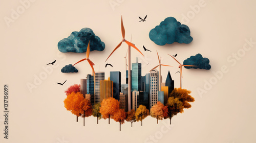 vibrant cityscape with wind turbines and colorful autumn trees symbolizes sustainable urban living. Birds fly around, and clouds add depth to scene, highlighting eco friendly energy