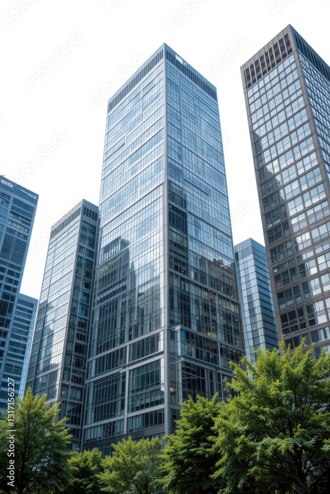 Modern High-Rise Buildings Reflecting Sky and Surrounding Nature in Urban Cityscape Modern High-Rise Buildings Reflecting Sky and Surrounding Nature in Urban Cityscape