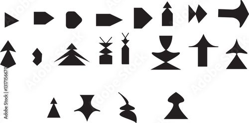 Set of black and white origami arrows in a star and bird shape, designed as a simple symbol or icon