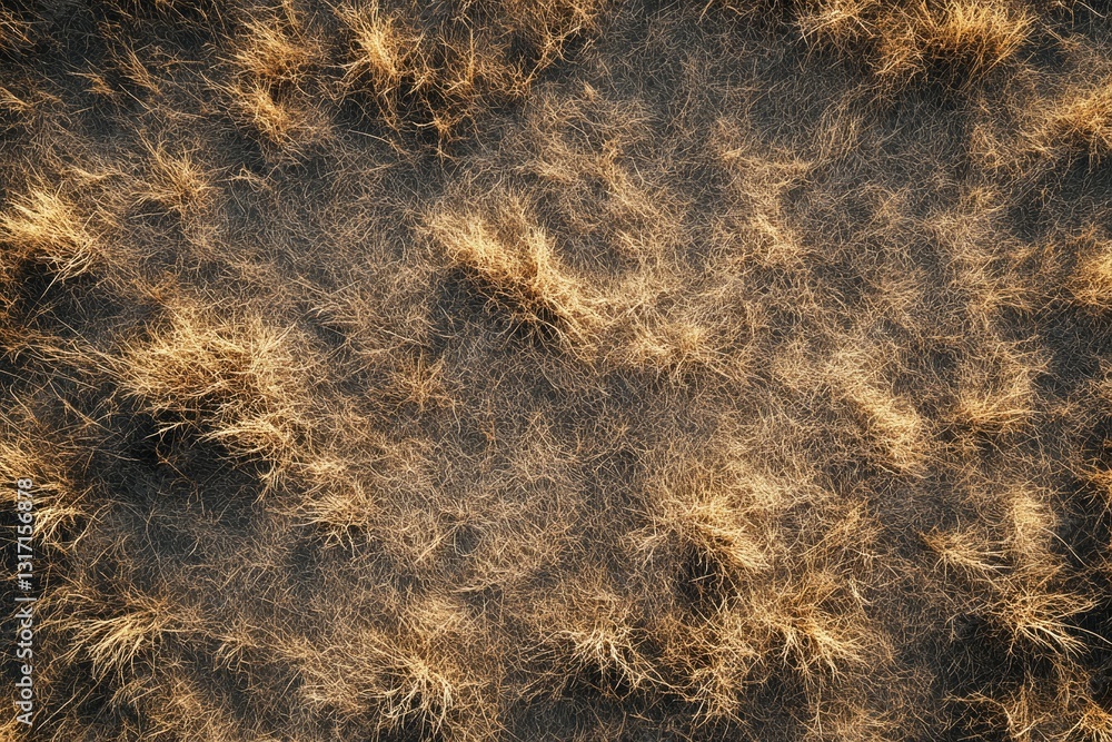 Fototapeta premium Dry, golden grass field viewed from above, showing texture and details.