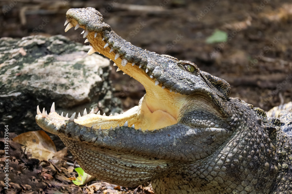 Obraz premium Close up crocodile is action show head in garden