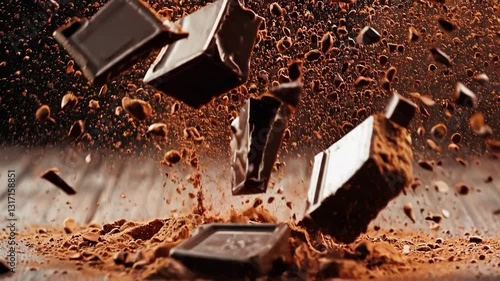 Explosive burst of dark chocolate squares with cocoa powder flying around