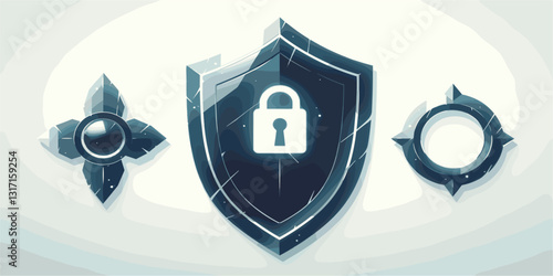 Flat security icons set: shield with lock, star, and circle in linear vector style.