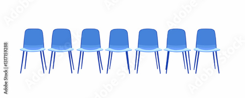 Flat vector icons set of blue chairs in a row front view.