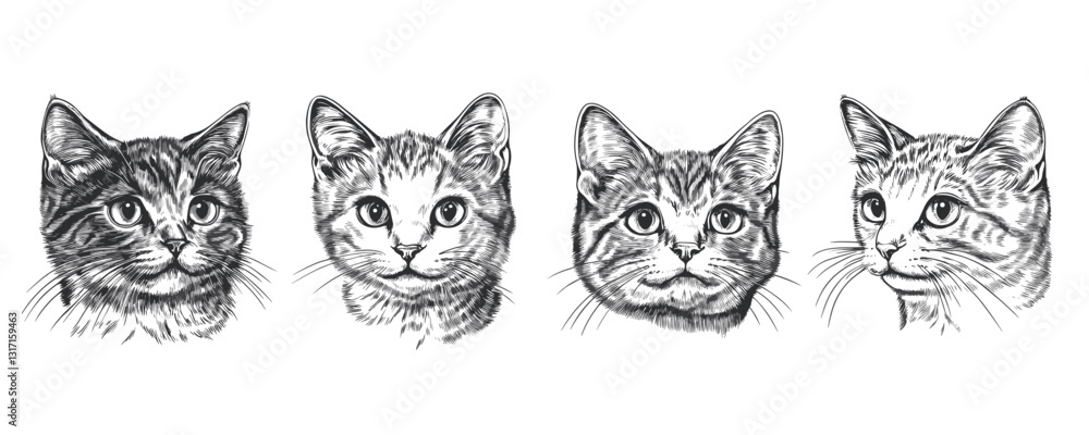 Obraz premium Flat style cat faces icons set in linear vector design.