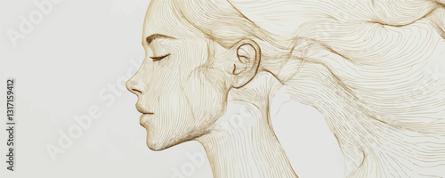 Elegant flat linear icons set – female portrait with flowing lines in vector style.