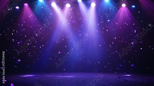 Neon spotlight stage background. Disco party projector light concert or show scene. Magic beam glow for nightclub or award winner with confetti glitter. Congratulation performance for celebrity.