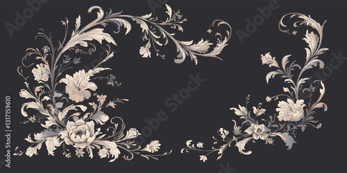 Elegant flat vintage floral icons set in linear style.