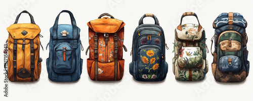 Flat icons set of stylish botanical backpacks with floral patterns and textures, vector style.