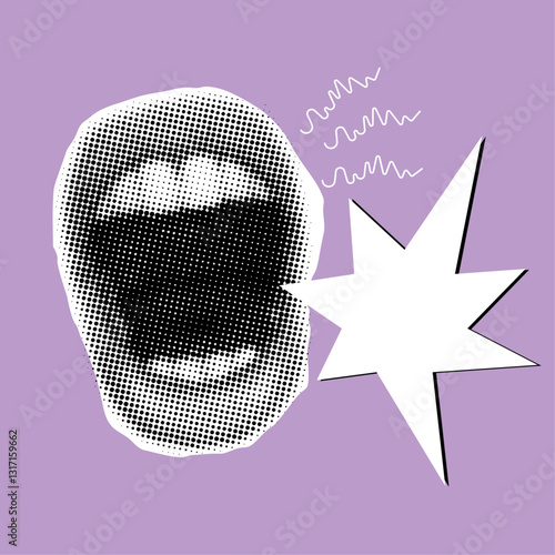  Halftone female screaming mouth with speech bubble,pop art style 