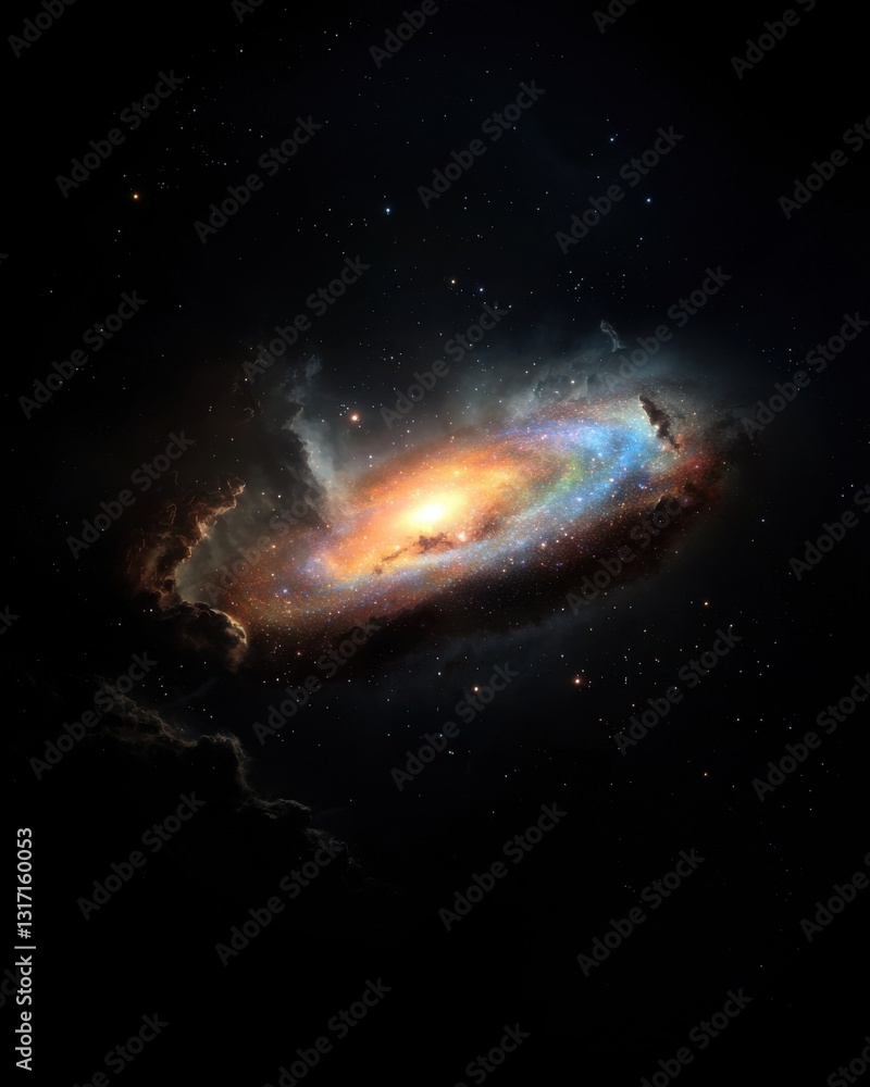 Naklejka premium Majestic Spiral Galaxy in the Dark Cosmos, Shining Starry Universe, Celestial Background