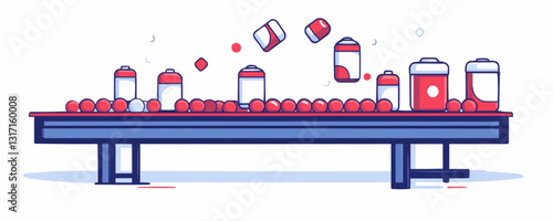 Linear flat icons set of beverage cans on conveyor belt.