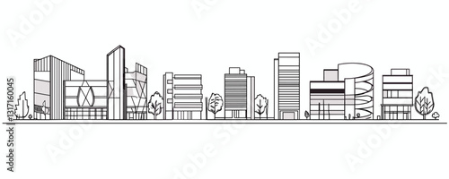 Linear flat cityscape icons set featuring modern urban buildings in vector.