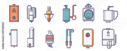 Flat linear icons set of home appliances: diverse water heaters and geysers.