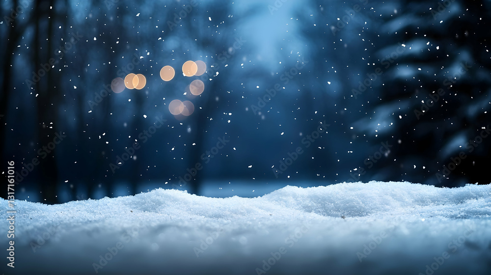 Naklejka premium Deep Winter Snow At Nightfall with Soft Snowfall and Blurred Forest in the Background