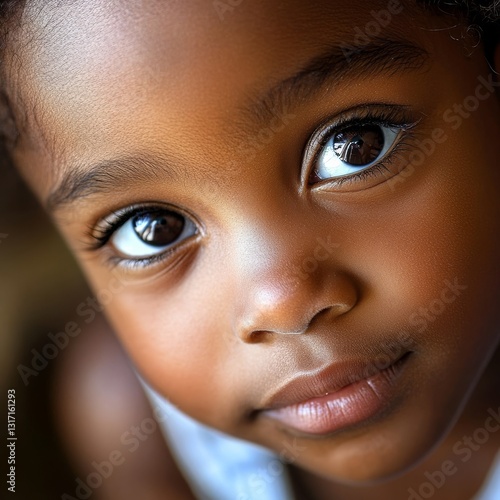 African American kid's eyes meet the lens in playroom.