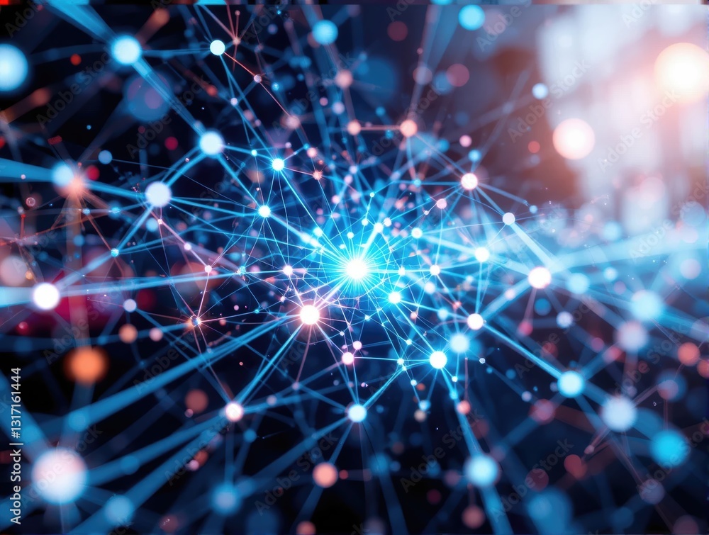 Fototapeta premium Abstract Digital Network Connections with Bright Particles and Light Effects in Blue Color