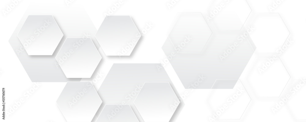 White and gray hexagon abstract technology background. Tech or science concept seamless bright honeycomb banner design. White and gray hexagon abstract technology background. Tech or science concept seamless bright honeycomb banner design.