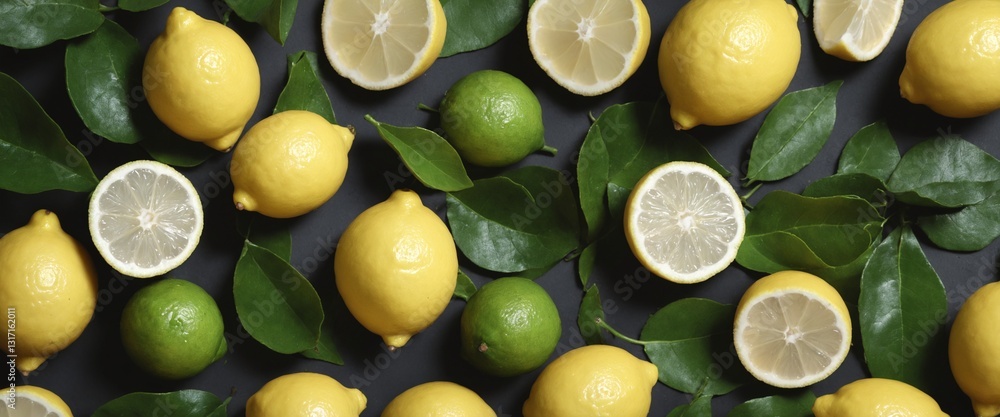 Fresh lemons with green leaves on dark. Food background. Top view