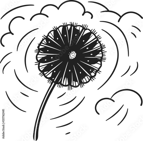 stylized dandelion with swirling petals in the wind whimsical black and white nature illustration