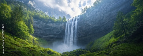 Majestic Waterfall Cascading Down a Verdant Cliffside
