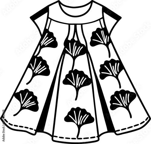 Elegant dress with leaf pattern illustration, black and white fashion design