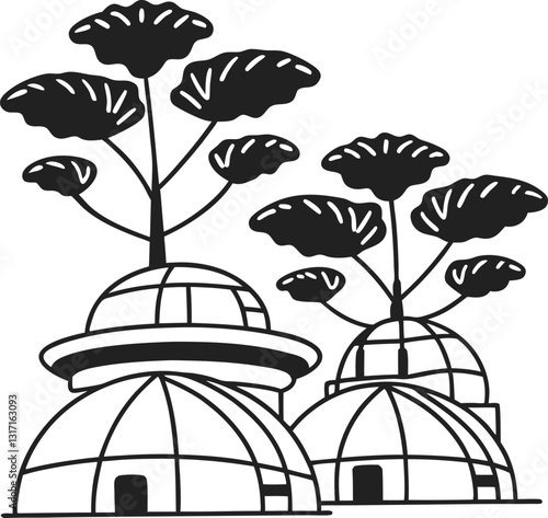 Futuristic dome homes with trees, eco friendly architecture