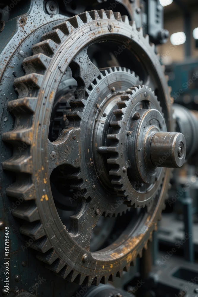 Close-Up of Intricate Metal Gear Mechanism in Industrial Workshop with Detailed Structure Close-Up of Intricate Metal Gear Mechanism in Industrial Workshop with Detailed Structure