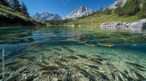 Fototapeta Naklejka Na Ścianę i Meble -  Fish swim freely in the clear lake water