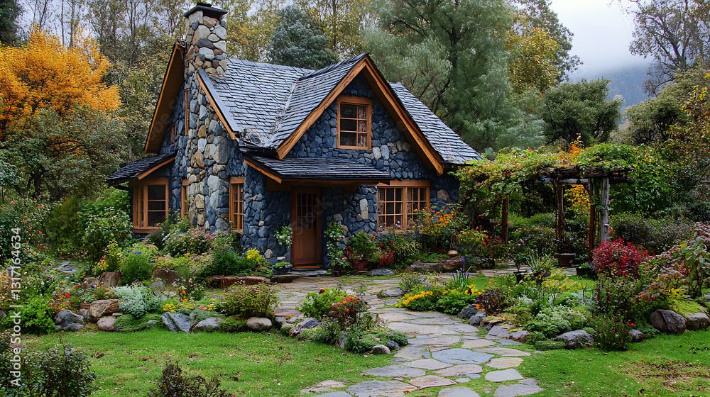 Fototapeta premium A whimsical stone cottage with a wooden roof and lush garden, reminiscent of a storybook setting