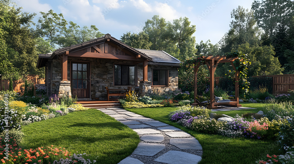 Naklejka premium A charming small house made of stone and wood, surrounded by a beautifully landscaped garden