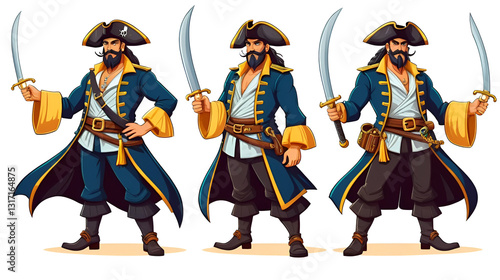 Cartoon pirate sailor or corsair captain character with sword saber, vector personage. Caribbean pirate or angry boatswain man and corsair filibuster character in bandana with golden earring
