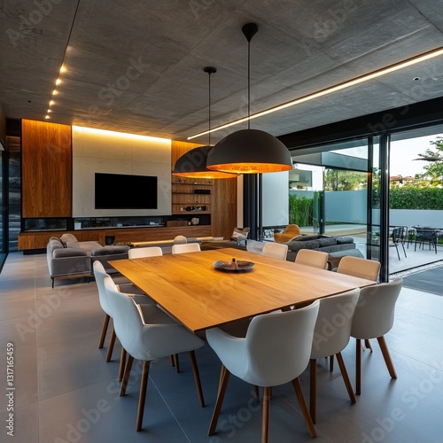 Spacious, modern room with a big table.