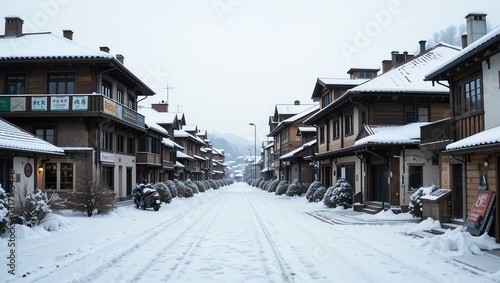 Charming snowy street scene with traditional architecture, showcasing a peaceful winter atmosphere and beautiful mountain backdrop.