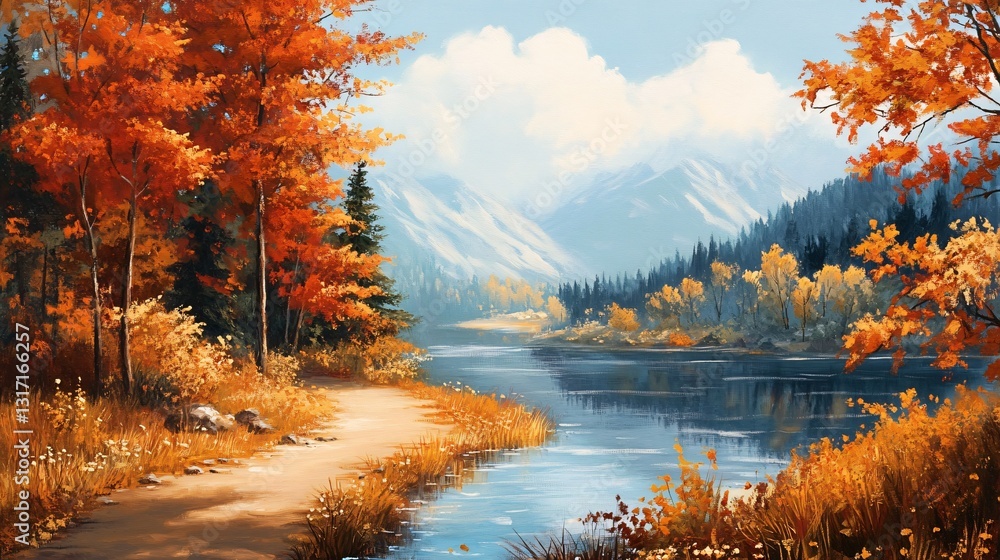 Fototapeta premium Professional Painted Autumn Landscape Art for Seasonal and Nature Designs