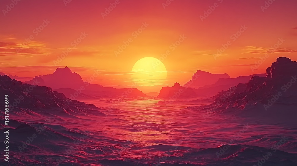 Fototapeta premium Vibrant Sunset over Dramatic Mountain Range and Crimson Landscape