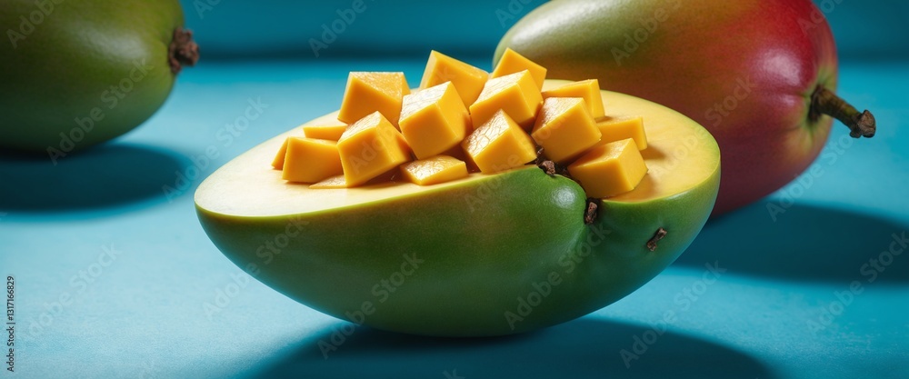Fresh ripe mango fruits on blue background.
