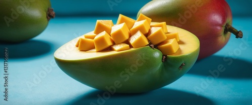 Obraz na płótnie Fresh ripe mango fruits on blue background. w salonie