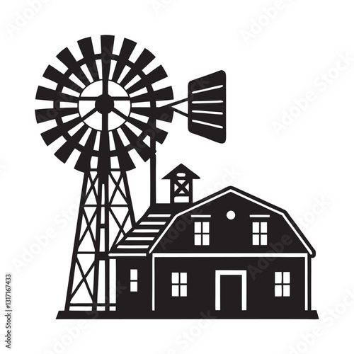windmill with farm house black silhouette vector llustration on white background
