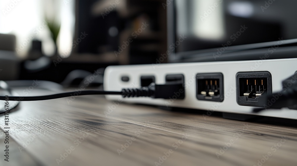 Close-up of a White Docking Station with Multiple Ports and Cables on a Wooden Desk Close-up of a White Docking Station with Multiple Ports and Cables on a Wooden Desk