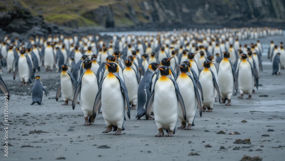 Obraz premium Large Colony of King Penguins Marching on a Beach in a Coastal Habitat with Rugged Background