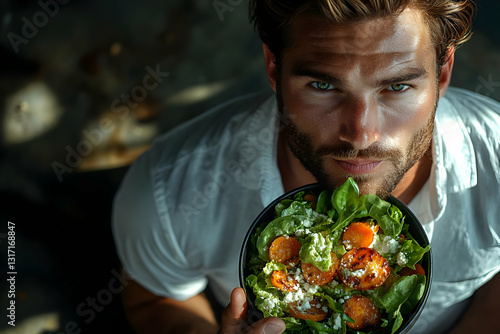 Man Closeup Portrait Eating Healthy Salad