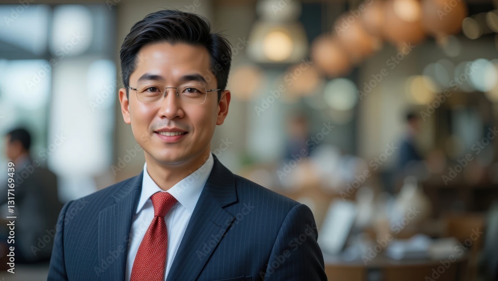 Portrait of a Confident Businessman Smiling in a Modern Restaurant Setting with Elegant Lighting Portrait of a Confident Businessman Smiling in a Modern Restaurant Setting with Elegant Lighting