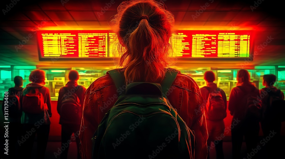 Fototapeta premium A group of people with backpacks standing in front of a digital display at a station