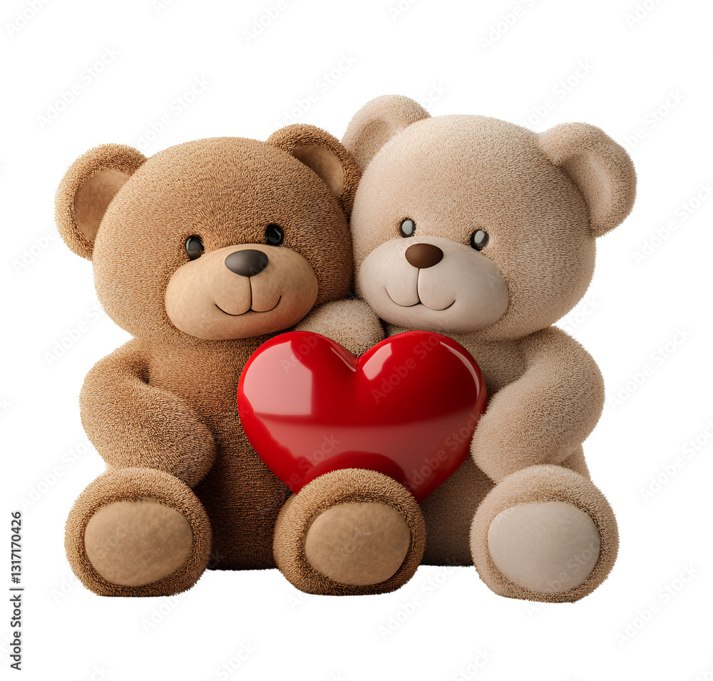 Cute brown and beige teddy bears holding a red heart, transparent background PNG Cute brown and beige teddy bears holding a red heart, transparent background PNG