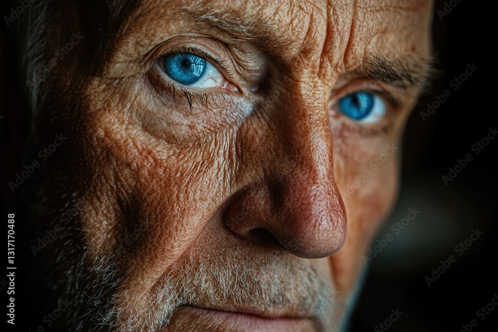 Close-up portrait of an elderly man with intense blue eyes and weathered skin, showing age and life experience. Close-up portrait of an elderly man with intense blue eyes and weathered skin, showing age and life experience.