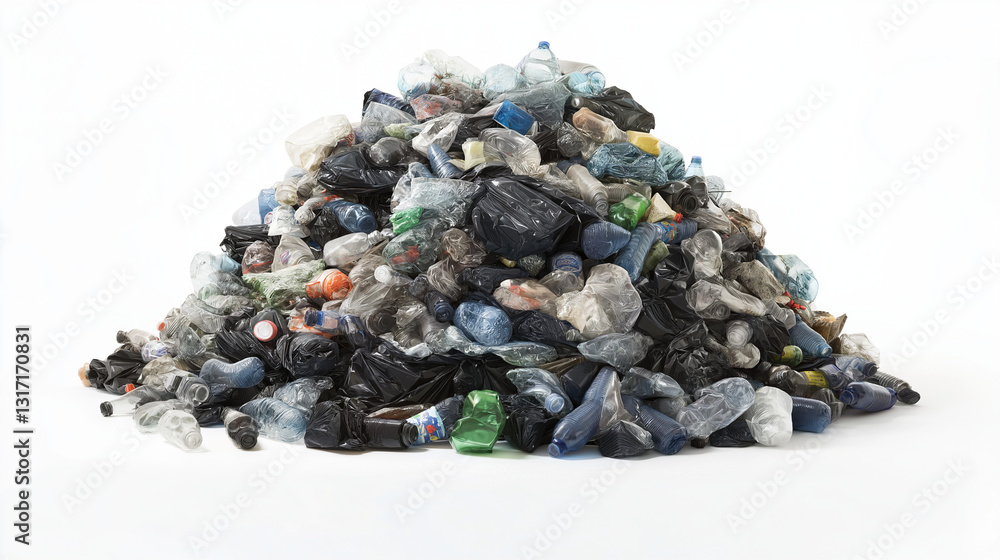 Pile of different plastic waste, used bottles and bags, isolated on a white background Pile of different plastic waste, used bottles and bags, isolated on a white background