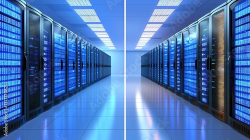Modern Data Center with Rows of Server Racks in Blue Lighting