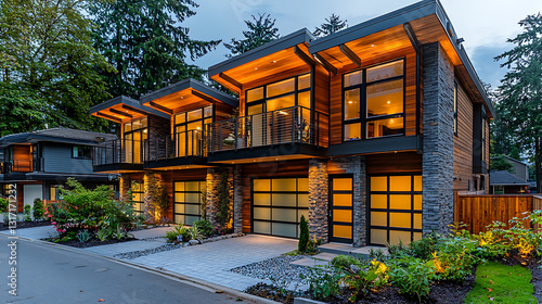 Modern townhouses showcase wood and stone accents large windows and garage doors set against a backdrop of lush greenery.