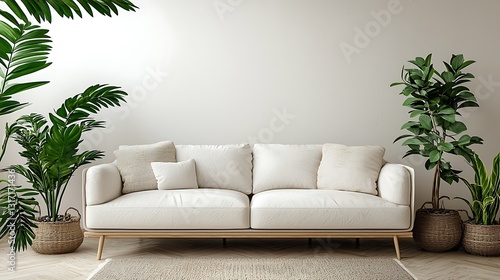 Modern Living Room Interior Design White Sofa Plants and Minimalist Decor